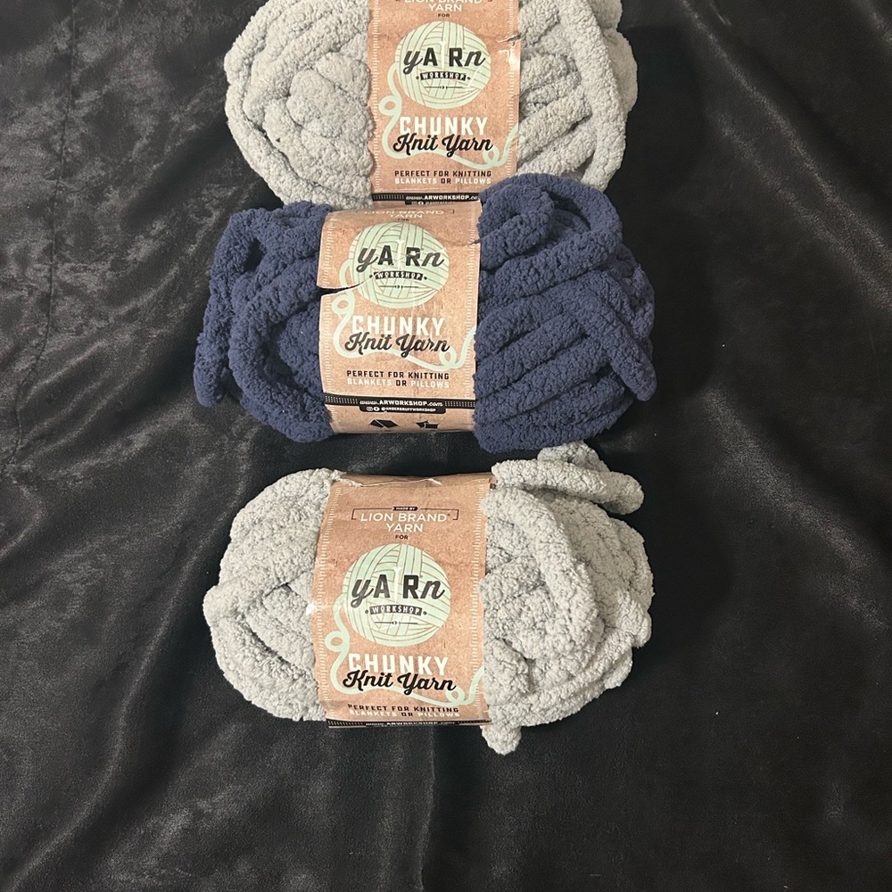 Lion Brand Chunky Knit Yarn 28y/ea in Eucalyptus Green(2) and Blue(1) Lot of 3